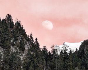 月亮仪式:粉红色的天空和满月