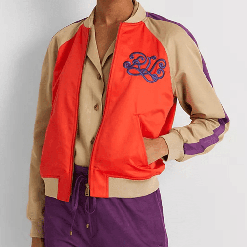 拉夫劳伦刺绣缎面短夹克在红色，棕褐色和紫色