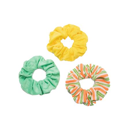 绿色、黄色和橙色/绿色条纹的三个毛巾布毛巾发圈