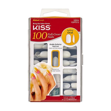 KISS全覆盖指甲套装，白色背景。
