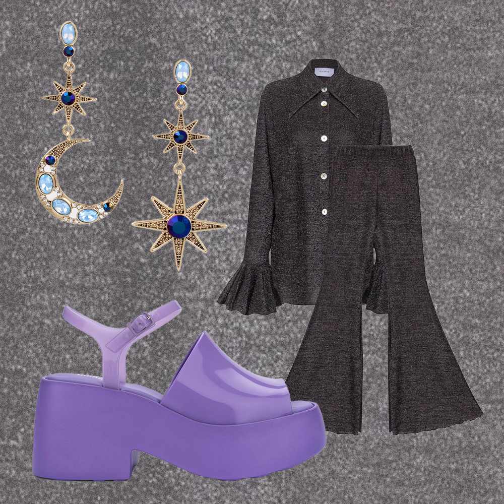 着装:宇宙休闲服，淡紫色厚底凉鞋，天文耳环