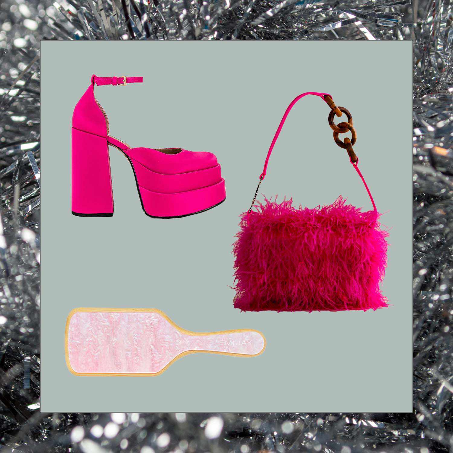 粉色的厚底鞋，羽毛粉色的钱包，还有粉色的冲浪刷