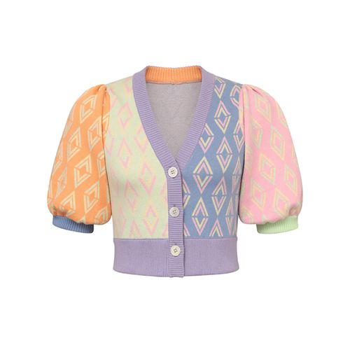 秋季阿迪格波阿雷塔开衫与蓬松的袖子和彩色粉彩钻石图案