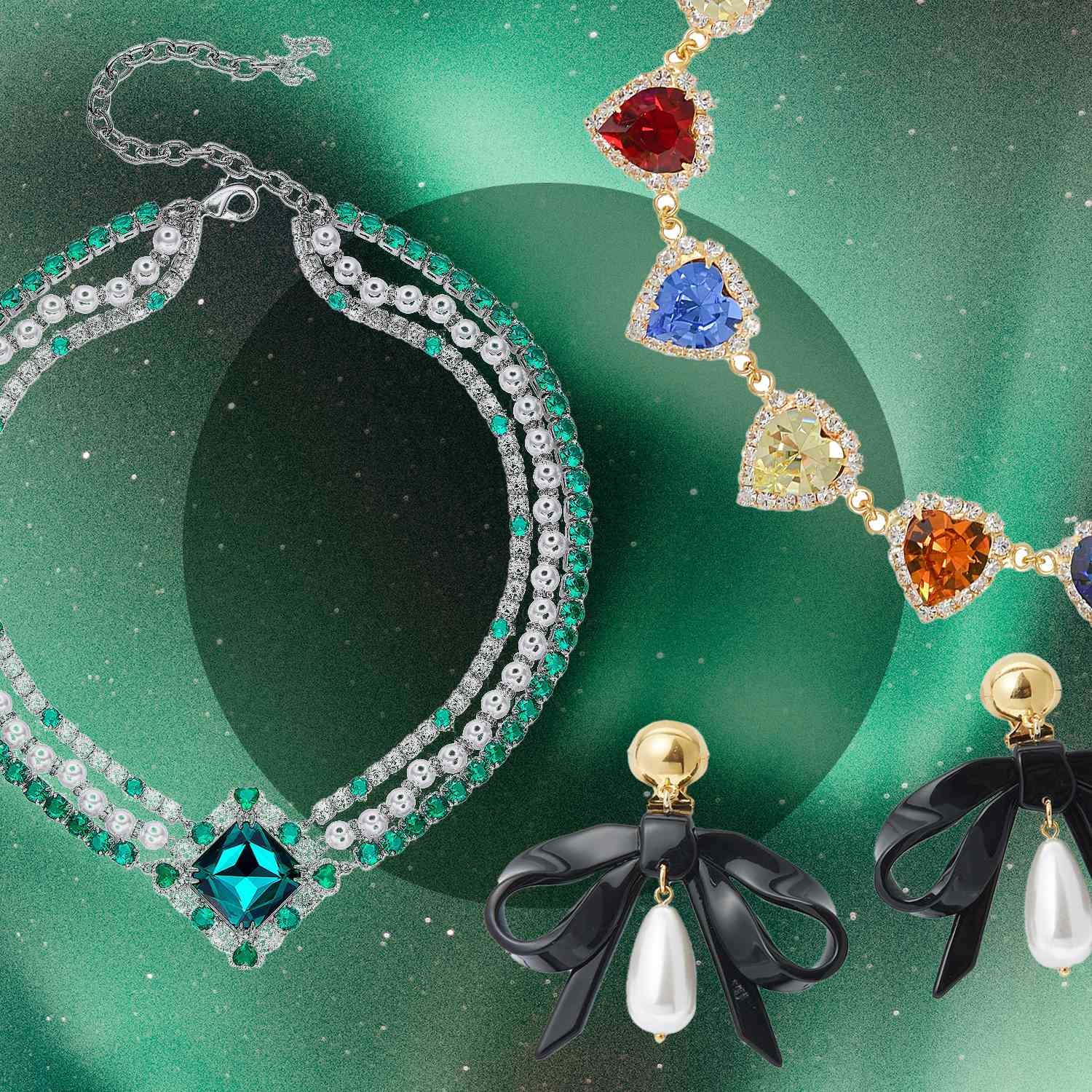 祖母绿项链，心形项链，珍珠蝴蝶结耳环。