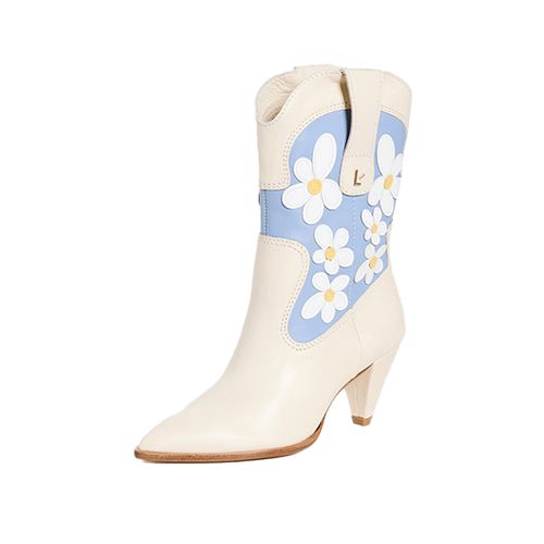 Larroude Thelma白色和蓝色牛仔靴与花卉细节